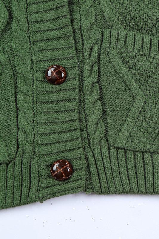 Green Pocket Button Cable Cropped Sweater Cardigan - Leur Beau Monde Boutique