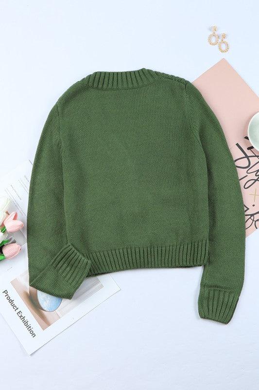 Green Pocket Button Cable Cropped Sweater Cardigan - Leur Beau Monde Boutique