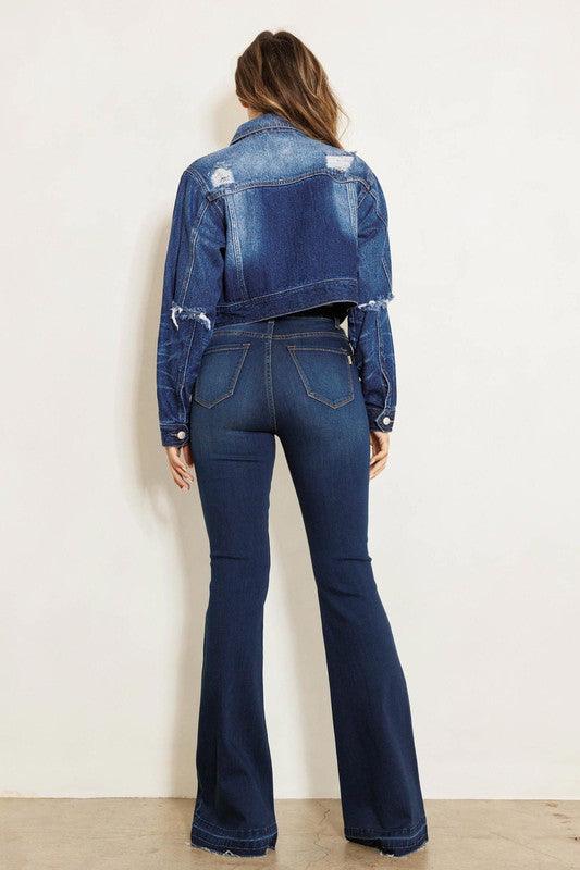 High Rise Flare Jean W Faded Wash Hem Detail - Leur Beau Monde Boutique