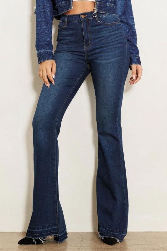 High Rise Flare Jean W Faded Wash Hem Detail - Leur Beau Monde Boutique