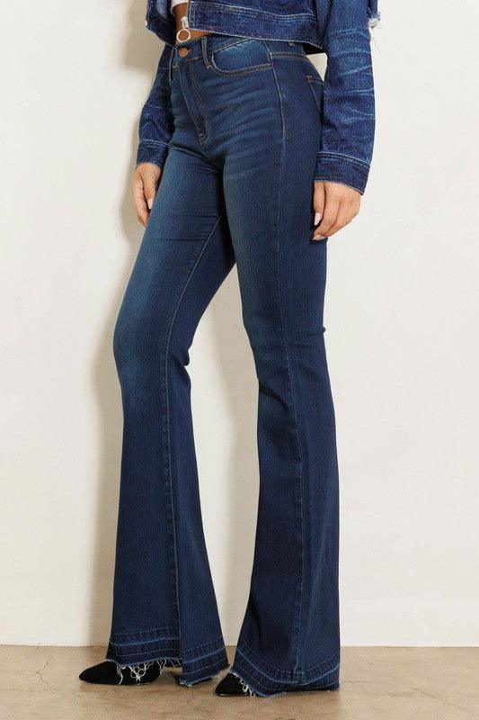 High Rise Flare Jean W Faded Wash Hem Detail - Leur Beau Monde Boutique