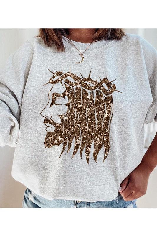 Jesus Face Gold Graphic Fleece Sweatshirts - Leur Beau Monde Boutique