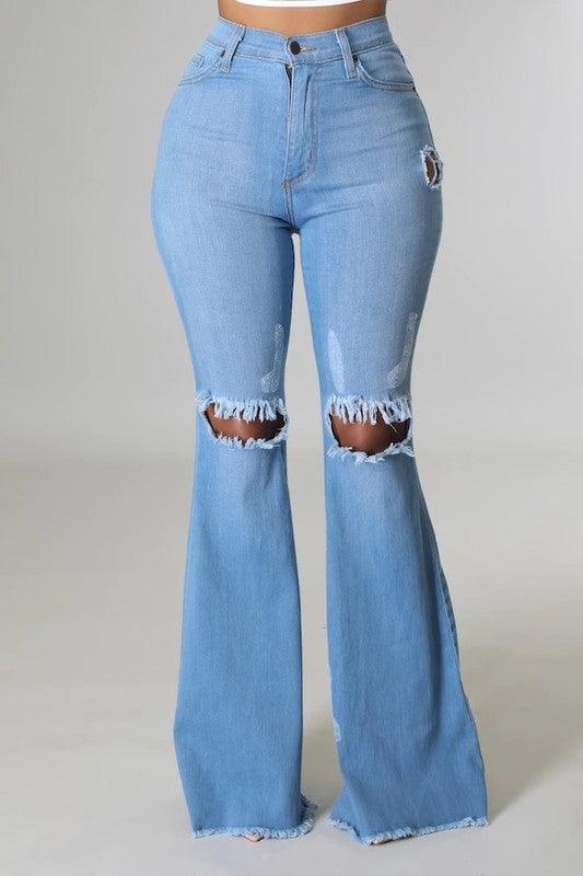 Knee Rip Flare Jean in Medium Wash - Leur Beau Monde Boutique