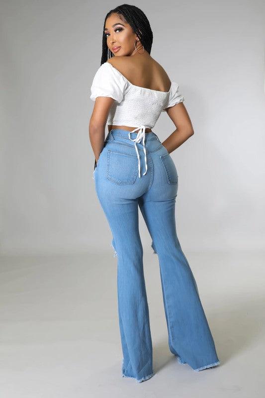 Knee Rip Flare Jean in Medium Wash - Leur Beau Monde Boutique