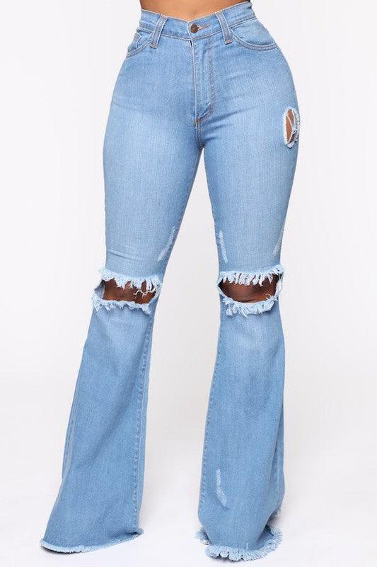 Knee Rip Flare Jean in Medium Wash - Leur Beau Monde Boutique