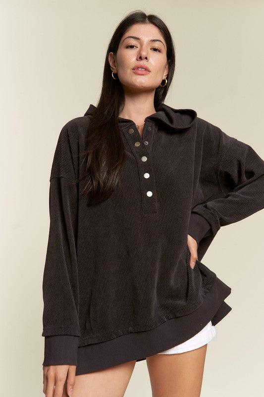 Long Sleeve Button Down Ribbed Hooded Sweatshirt - Leur Beau Monde Boutique