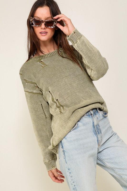 Mineral Wash Distressed Sweater - Leur Beau Monde Boutique