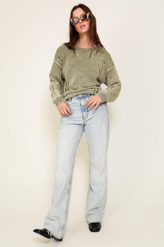 Mineral Wash Distressed Sweater - Leur Beau Monde Boutique