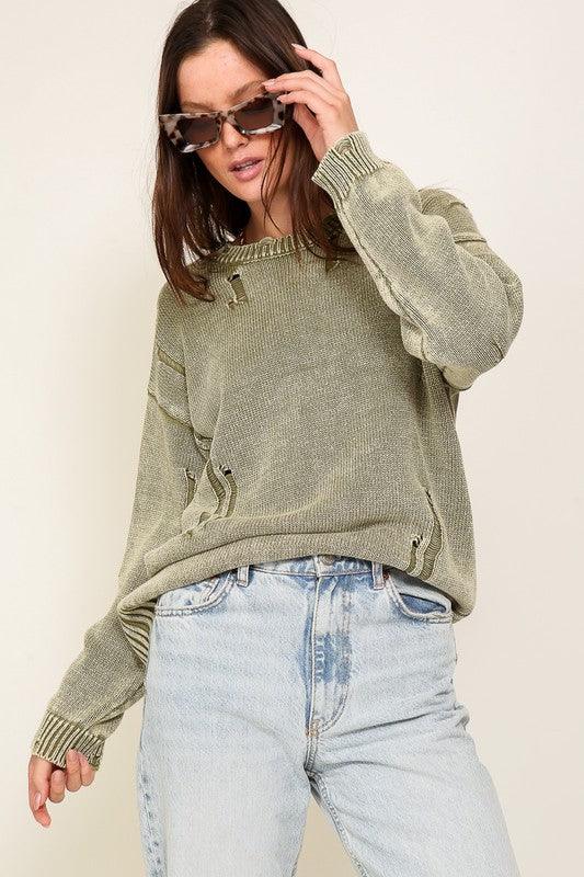 Mineral Wash Distressed Sweater - Leur Beau Monde Boutique