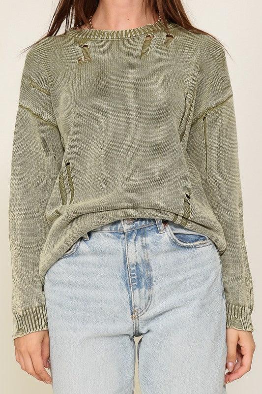 Mineral Wash Distressed Sweater - Leur Beau Monde Boutique