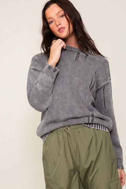 Mineral Wash Distressed Sweater - Leur Beau Monde Boutique