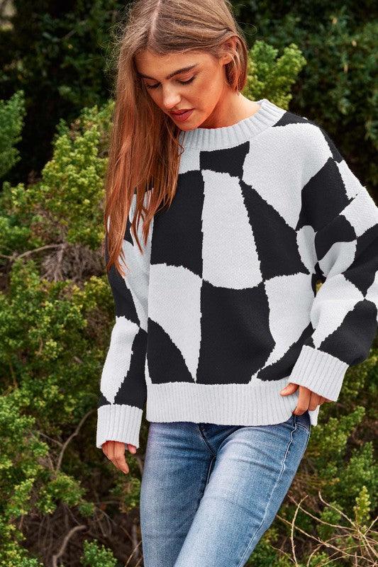 Multi Geo Checker Pullover Knit Sweater Top - Leur Beau Monde Boutique