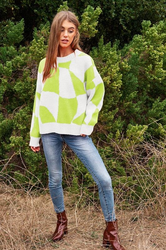 Multi Geo Checker Pullover Knit Sweater Top - Leur Beau Monde Boutique