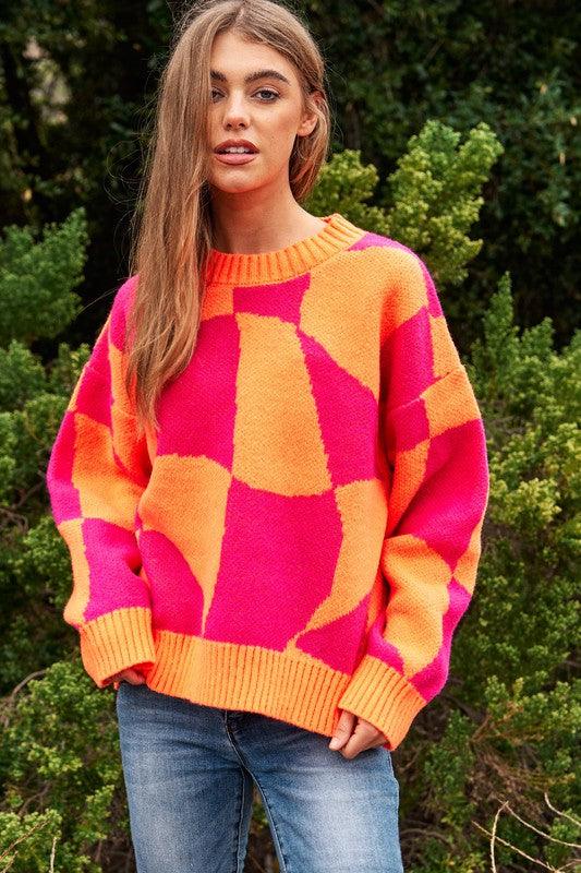 Multi Geo Checker Pullover Knit Sweater Top - Leur Beau Monde Boutique