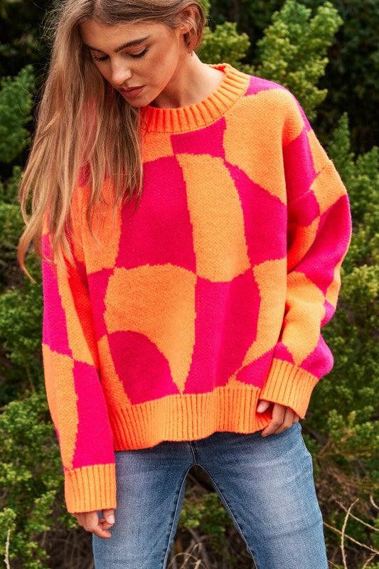 Multi Geo Checker Pullover Knit Sweater Top - Leur Beau Monde Boutique