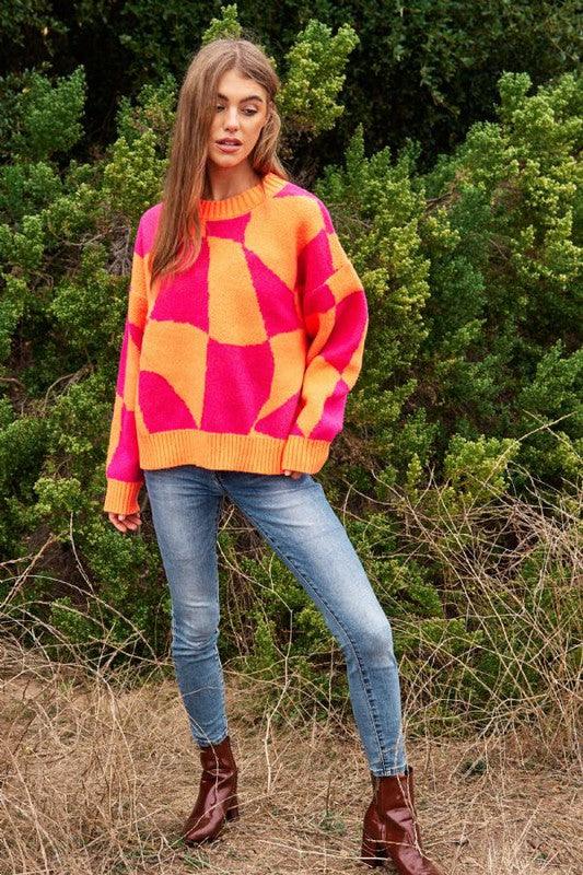 Multi Geo Checker Pullover Knit Sweater Top - Leur Beau Monde Boutique