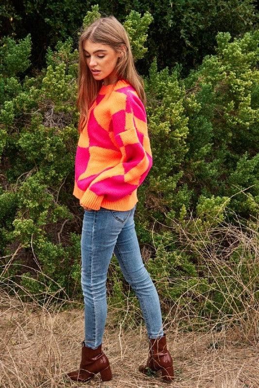 Multi Geo Checker Pullover Knit Sweater Top - Leur Beau Monde Boutique