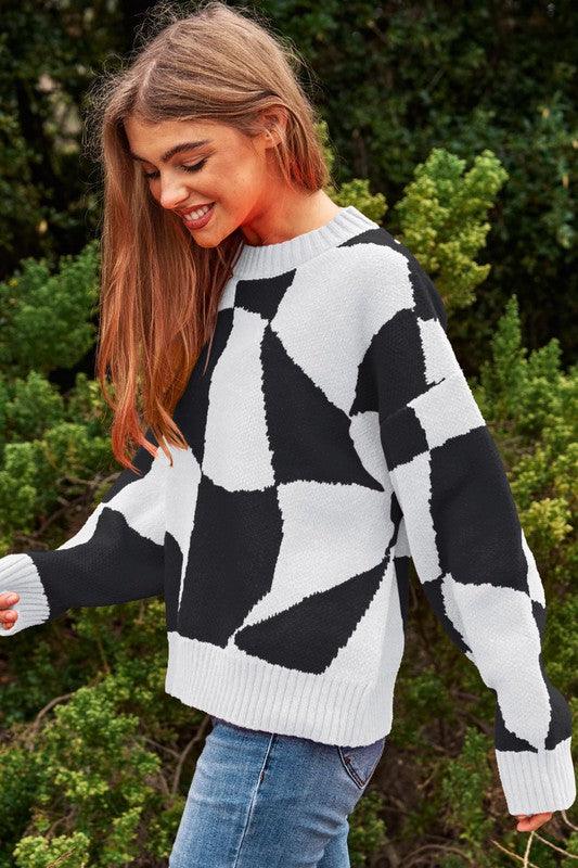 Multi Geo Checker Pullover Knit Sweater Top - Leur Beau Monde Boutique