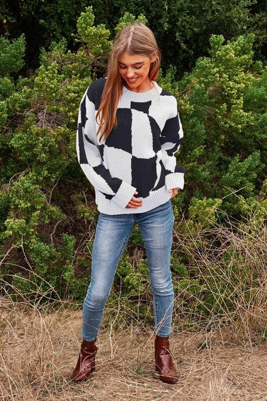 Multi Geo Checker Pullover Knit Sweater Top - Leur Beau Monde Boutique