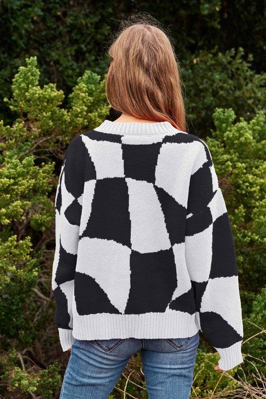 Multi Geo Checker Pullover Knit Sweater Top - Leur Beau Monde Boutique