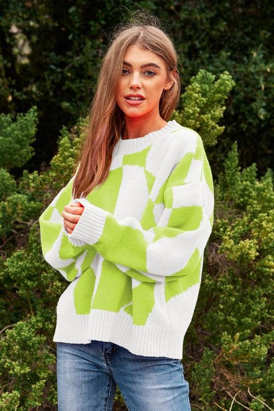 Multi Geo Checker Pullover Knit Sweater Top - Leur Beau Monde Boutique