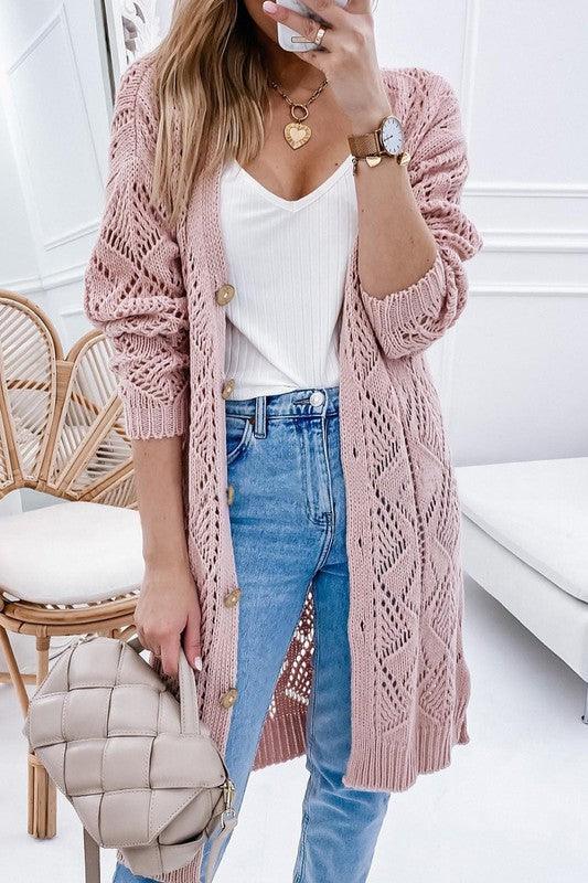 Plus Eyelet sweater button crochet knit cardigan - Leur Beau Monde Boutique