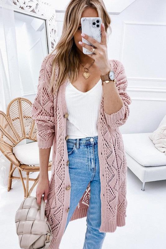 Plus Eyelet sweater button crochet knit cardigan - Leur Beau Monde Boutique