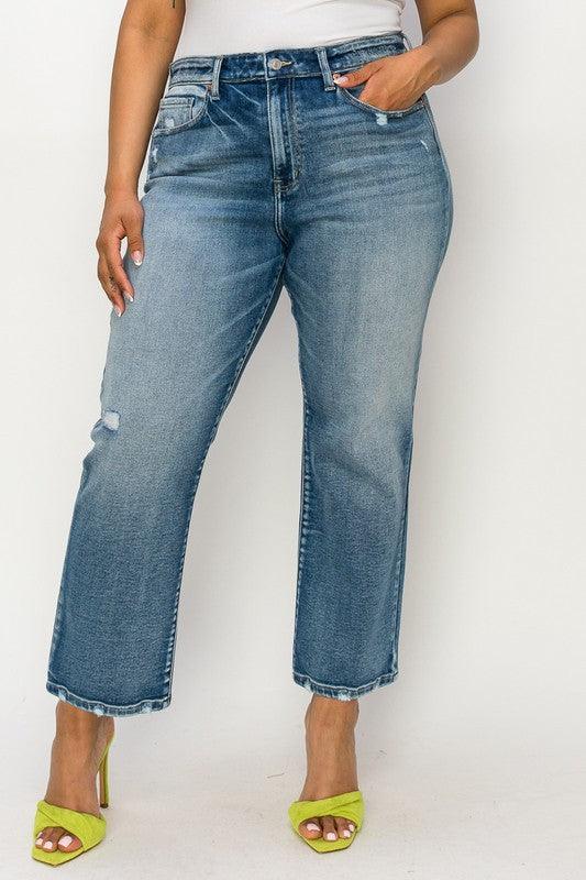 PLUS-HIGH RISE STRETCH DISTRESSED ANKLE STRAIGHT - Leur Beau Monde Boutique