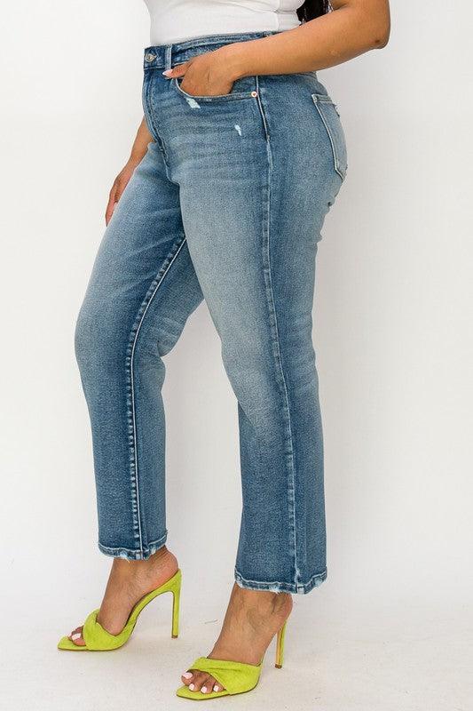 PLUS-HIGH RISE STRETCH DISTRESSED ANKLE STRAIGHT - Leur Beau Monde Boutique