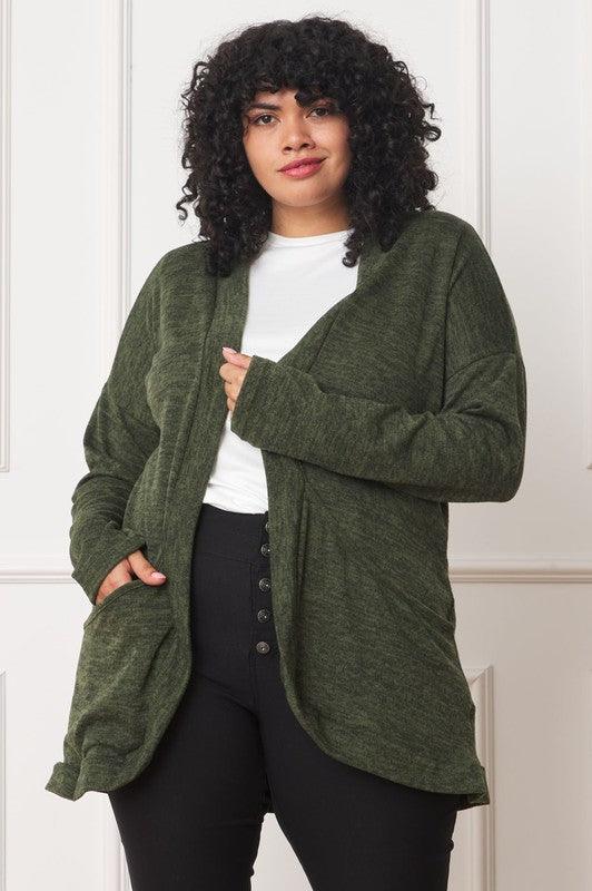 Plus Solid Drape Pocket Cardigan - Leur Beau Monde Boutique