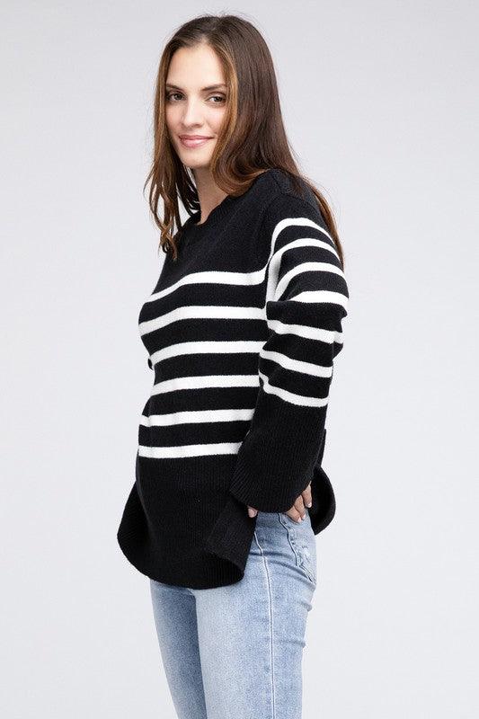 Ribbed Hem Stripe Sweater - Leur Beau Monde Boutique