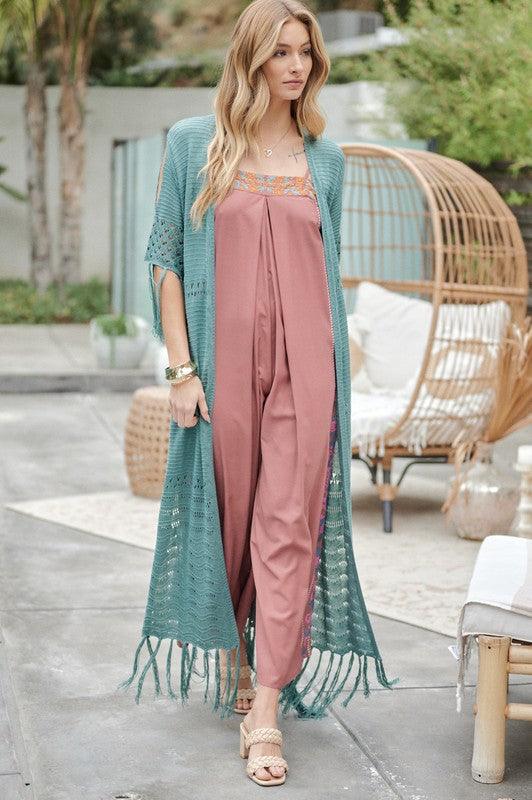 Solid Long Cardigan With Fringe - Leur Beau Monde Boutique