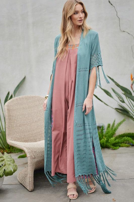 Solid Long Cardigan With Fringe - Leur Beau Monde Boutique