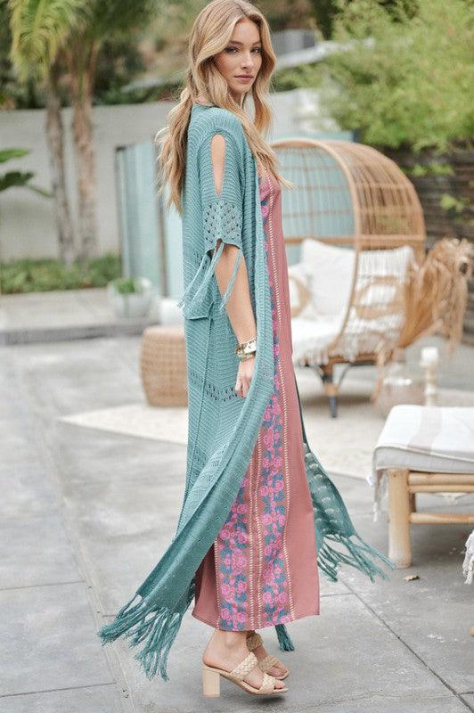 Solid Long Cardigan With Fringe - Leur Beau Monde Boutique