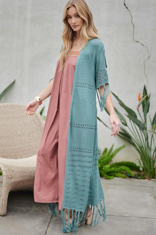 Solid Long Cardigan With Fringe - Leur Beau Monde Boutique