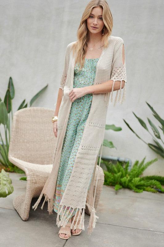 Solid Long Cardigan With Fringe - Leur Beau Monde Boutique