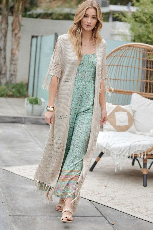 Solid Long Cardigan With Fringe - Leur Beau Monde Boutique