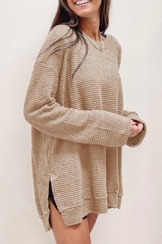 Waffle Knit Drop Sleeve Side Slits Oversized Top - Leur Beau Monde Boutique