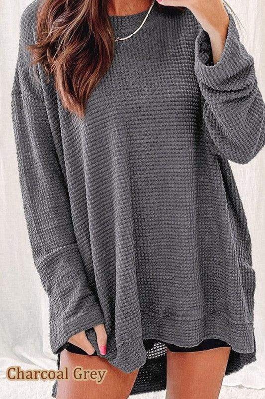 Waffle Knit Drop Sleeve Side Slits Oversized Top - Leur Beau Monde Boutique