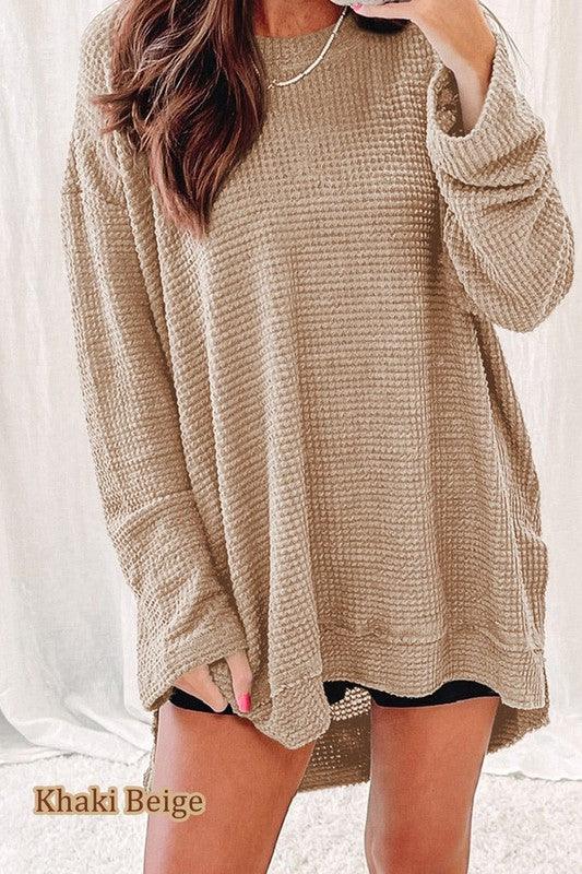 Waffle Knit Drop Sleeve Side Slits Oversized Top - Leur Beau Monde Boutique