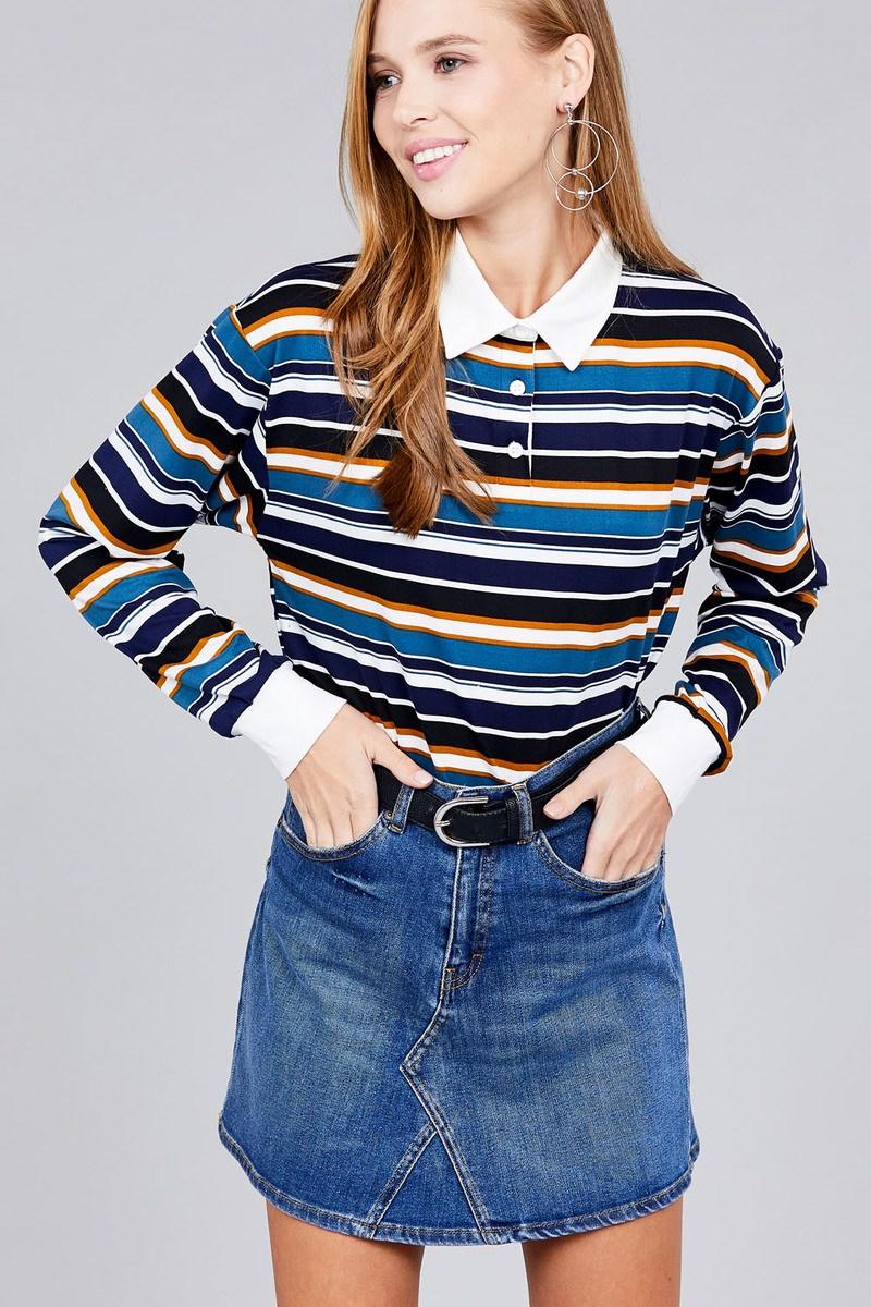 Ladies fashion plus size long sleeve multi striped dty brushed shirts - Leur Beau Monde Boutique