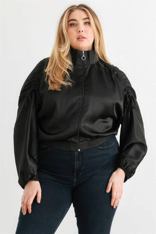 Plus Satin Zip-up Ruched Long Sleeve Cropped Bomber Jacket - Leur Beau Monde Boutique