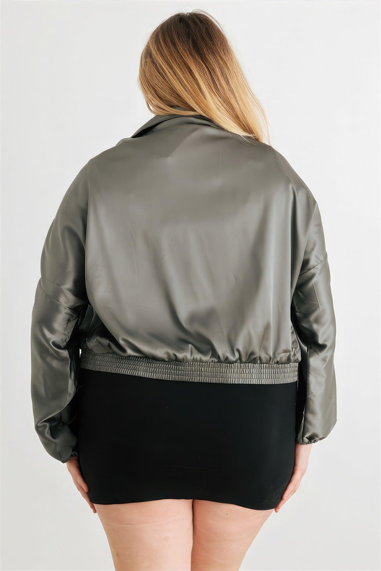 Plus Satin Zip-up Ruched Long Sleeve Cropped Bomber Jacket - Leur Beau Monde Boutique