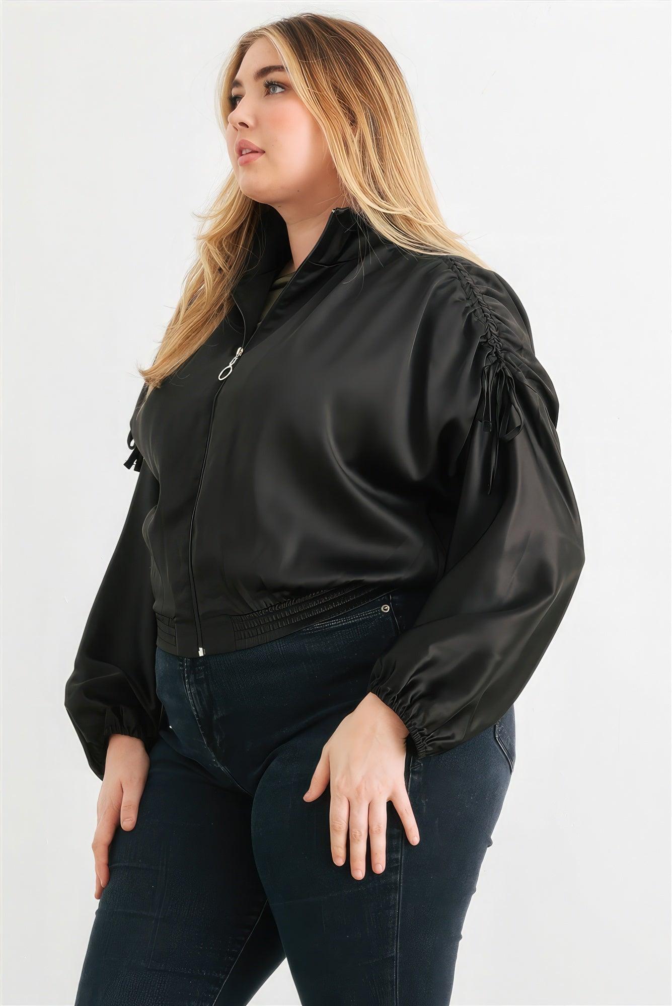 Plus Satin Zip-up Ruched Long Sleeve Cropped Bomber Jacket - Leur Beau Monde Boutique