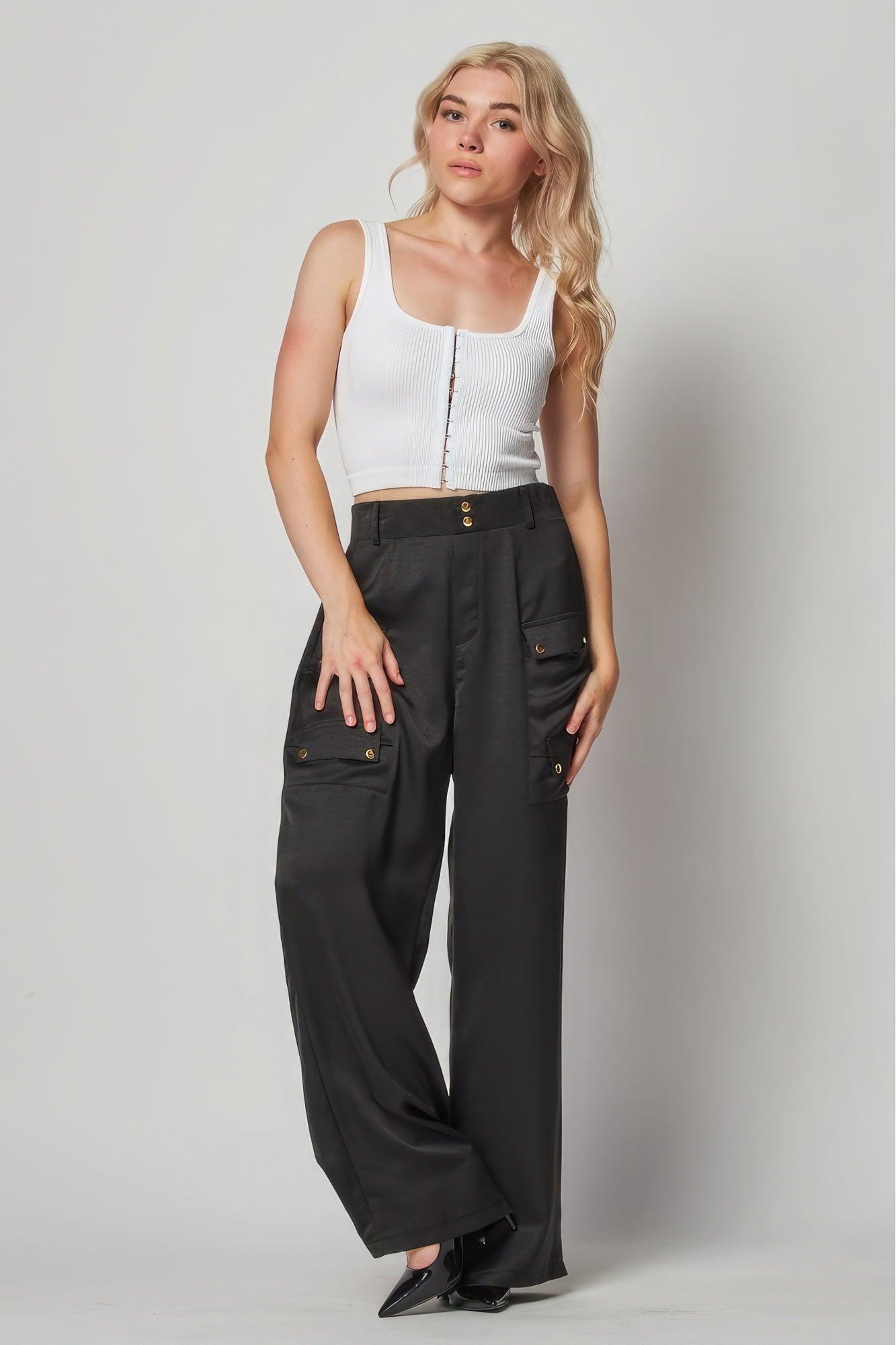 Satin Cargo Pocket Wide Leg Pants - Leur Beau Monde Boutique