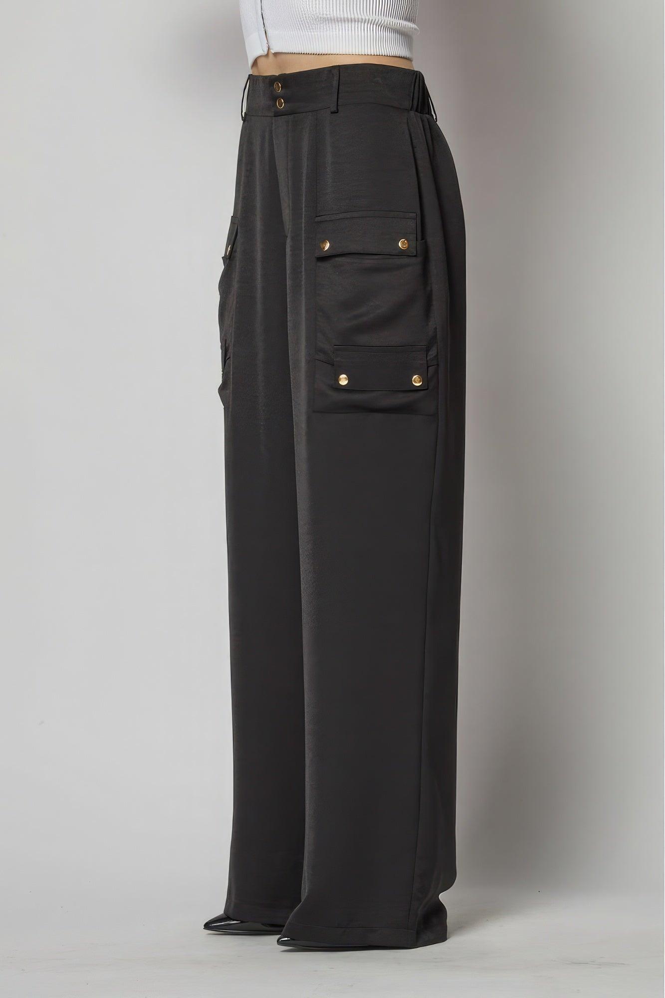 Satin Cargo Pocket Wide Leg Pants - Leur Beau Monde Boutique