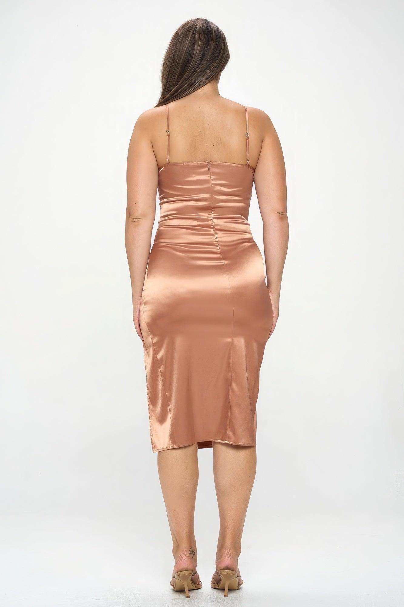 Plus Solid Satin Front Knot Bodycon Midi Dress - Leur Beau Monde Boutique