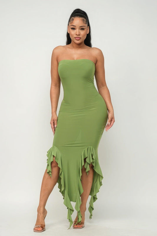 Solid Bottom Ruffle Trim Hem Slit Tube Maxi Dress - Leur Beau Monde Boutique