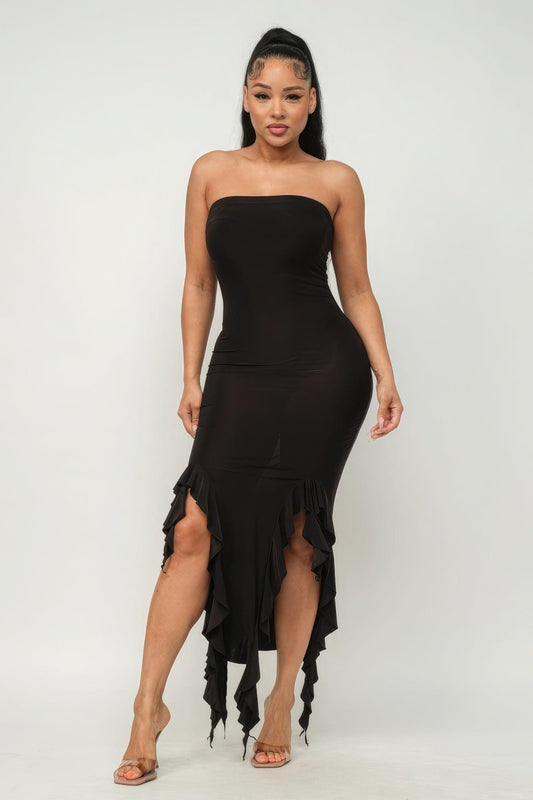 Solid Bottom Ruffle Trim Hem Slit Tube Maxi Dress - Leur Beau Monde Boutique