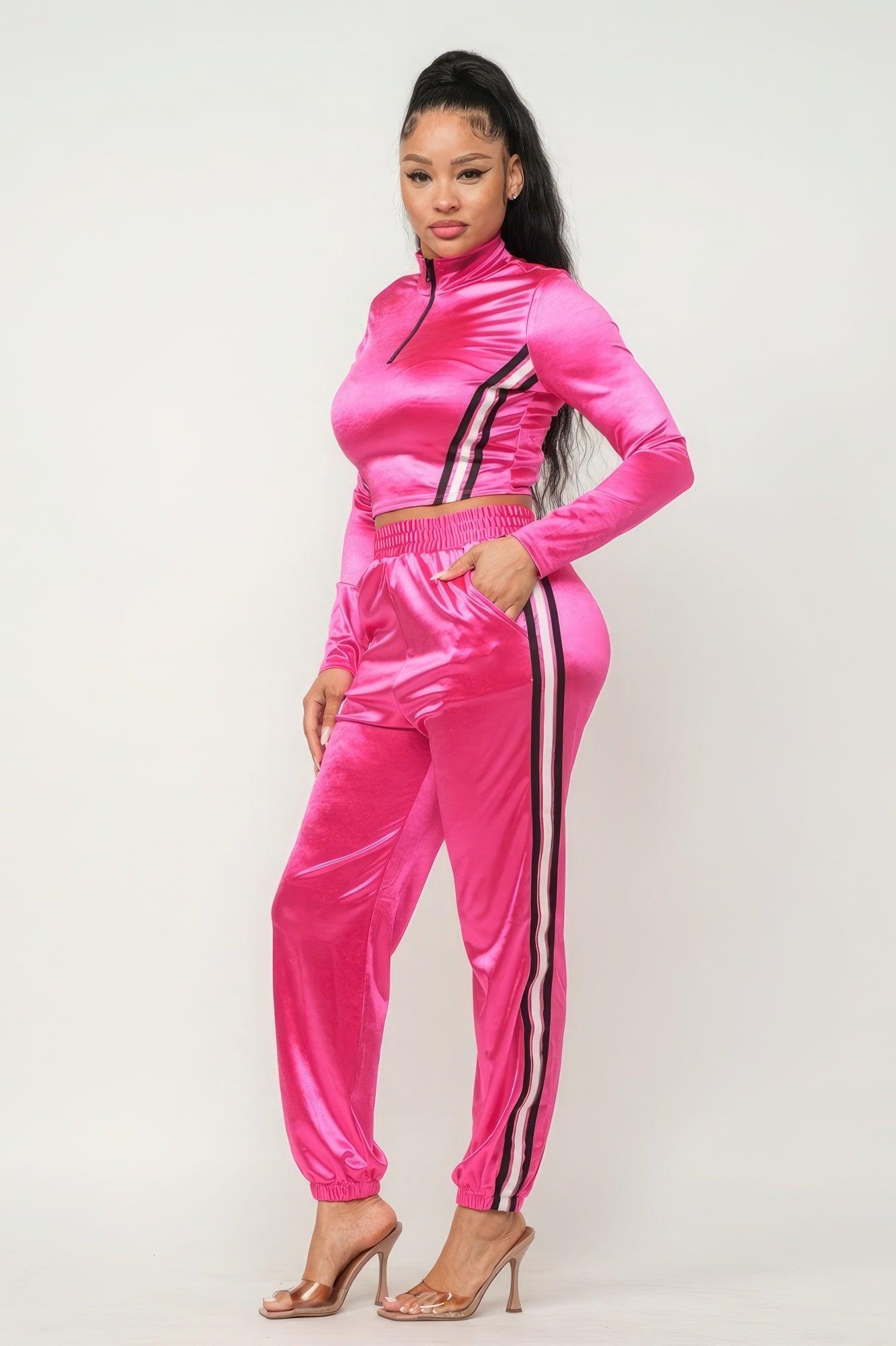 Front Zip Up Stripes Detail Jacket And Pants Set - Leur Beau Monde Boutique